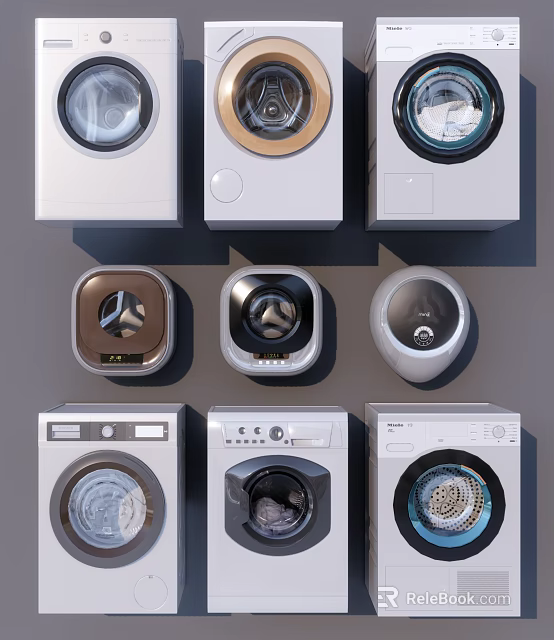 Various Modern Washing Machine Designs With Different Colors Styles And Control Panels 3d model