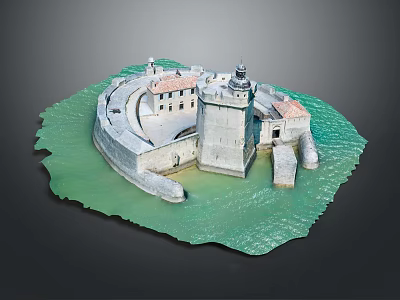 Detailed Fortress Model Featuring Tower Buildings Defensive Walls and Green Water 3d model