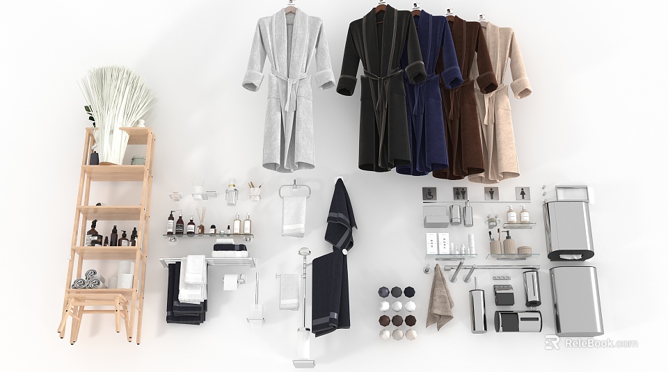 Soft Colored Bathrobes Hanging In Modern Bathroom With Towels And Toiletries 3d model 