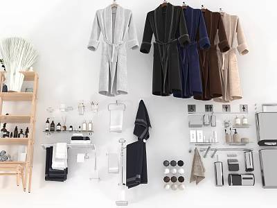 Soft Colored Bathrobes Hanging In Modern Bathroom With Towels And Toiletries 3d model