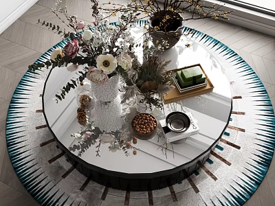 Round Glass Top Coffee Table With Fresh Flowers Green Plants Decorative Tray Nuts And Teacup 3d model