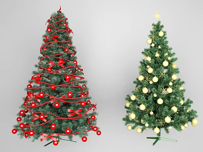 Decorated Christmas Trees With Red Ornaments Ribbons Gold Balls And Star Topper 3d model
