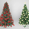 Decorated Christmas Trees With Red Ornaments Ribbons Gold Balls And Star Topper