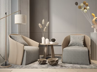 Modern Living Room Casual Sofa Set With Beige Plaid Design Side Table And Floor Lamp 3d model