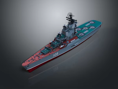 Gray Military Warship Model With Number 105 Red Bottom And Green Deck 3d model