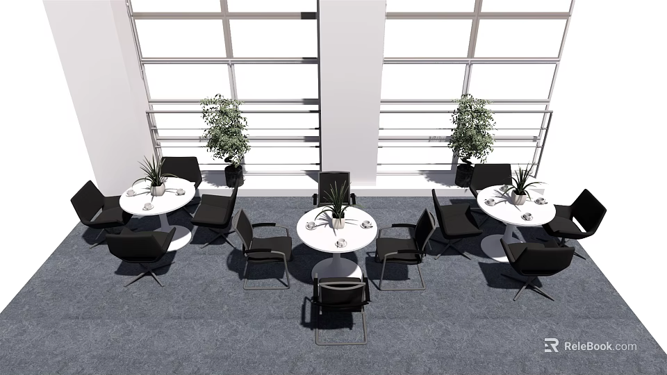 Modern Indoor Tables And Chairs With White Surfaces Black Seats Large Windows And Potted Plants 3d model 