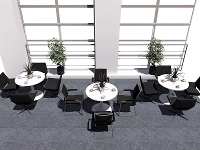 Modern Indoor Tables And Chairs With White Surfaces Black Seats Large Windows And Potted Plants 3d model