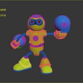 Green Robot Character Holding Blue Balls In Standing Pose On Dark Shiny Background