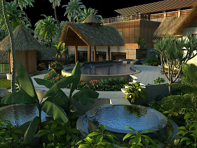 Tropical Courtyard Garden Design With Thatched Roof Pavilions Swimming Pool And Lush Plants 3d model