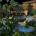 Tropical Courtyard Garden Design With Thatched Roof Pavilions Swimming Pool And Lush Plants