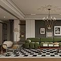 Elegant Modern Living Room Interior With Green Sofa Black And White Checkerboard Rug And Chandelier