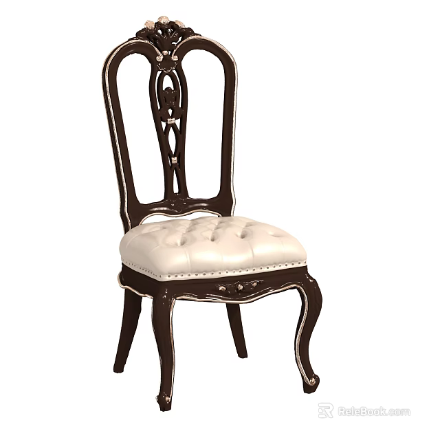 Traditional Classic Dining Chair With Carved Wooden Backrest Tufted Leather Seat Curved Legs Design 3d model 