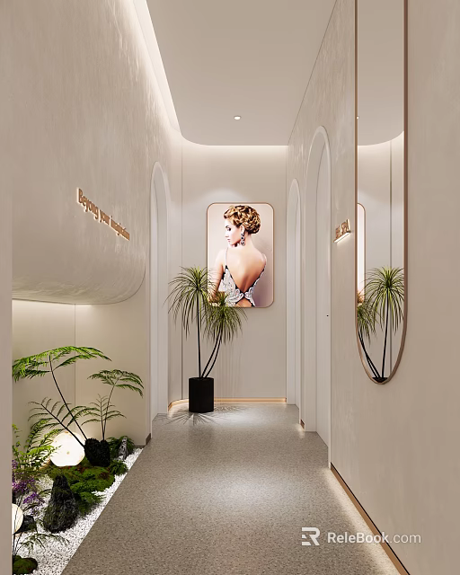 Beauty in Bloom Store Interior With Female Portrait Palm Plants And Arched Doorways 3d model 