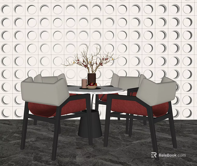 Modern Dining Table And Chairs With Red Cushions White Backrests Against Circular Patterned Wall 3d model