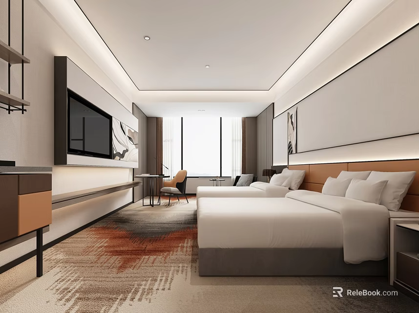 Modern Hotel Guest Room Interior Design With Large Bed Flat Screen TV And Windows 3d model 