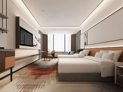 Modern Hotel Guest Room Interior Design With Large Bed Flat Screen TV And Windows 3d model