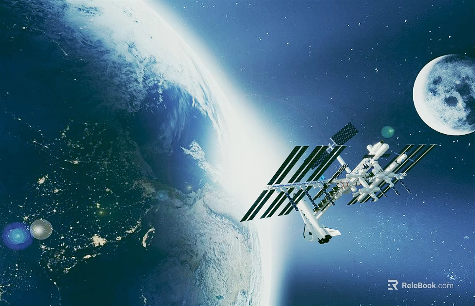 Cartoon Scene Of Space Station Orbiting Earth With Moon And Stars 3d model 