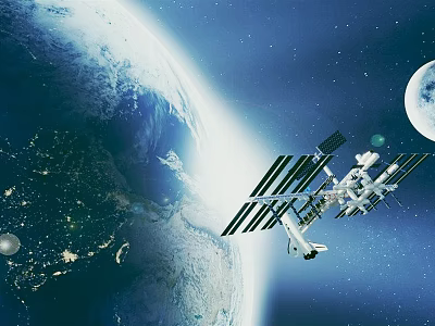 Cartoon Scene Of Space Station Orbiting Earth With Moon And Stars 3d model
