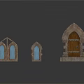 Gothic Architectural Components Arched Wooden Door And Glass Windows With Stone Frames