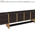 Modern TV Stand With Dark Wooden Finish And Gold Metal Accents And Storage Cabinets