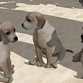 Brown Dogs With Blue Bandanas Sitting On Sand With Puppies And Stone Wall