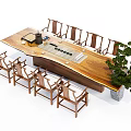 Solid Wood Long Tea Table With Matching Chairs And Tea Set Potted Plant 3d model