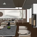 Modern Restaurant Interior With Open Layout Marble Dining Tables And White Chairs 3d model