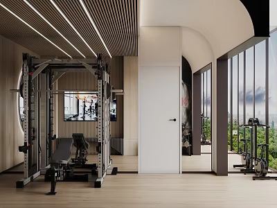 Modern Home Gym Interior With Fitness Equipment And Large Windows 3d model