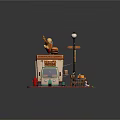 Playful Cartoon Food Stall Scene With Colorful Cart Street Lamp Tables Chairs And Menu Board