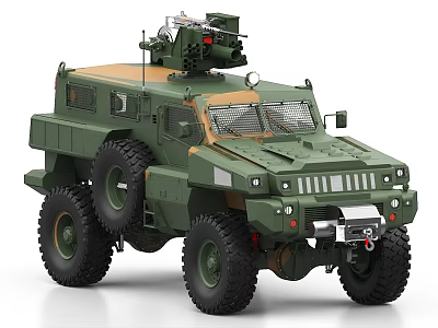 Green Military Armored Tank Featuring Large Tires Roof Mounted Weapon And Protective Grille 3d model