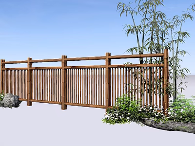 Wooden Fence In Outdoor Garden With Bamboo And Lush Green Plants 3d model