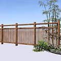Wooden Fence In Outdoor Garden With Bamboo And Lush Green Plants
