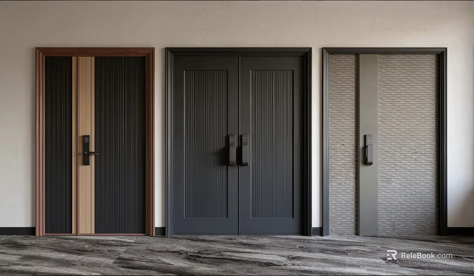 Modern Home Interior Showcasing Stylish Double Doors With Various Textures And Colors 3d model 