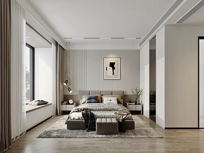 Modern Bedroom Interior Design With Bed Bedside Tables Rug Window Curtains And Wall Art 3d model