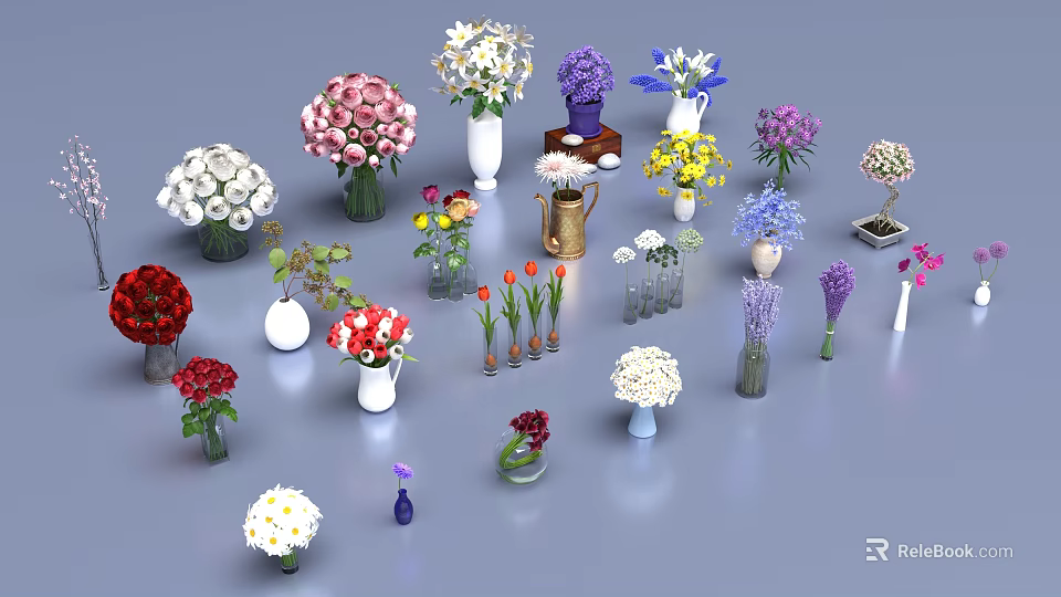 Various Colorful Flowers Arranged in Different Shaped Vases and Containers 3d model 
