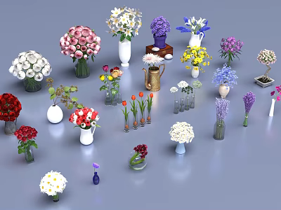 Various Colorful Flowers Arranged in Different Shaped Vases and Containers 3d model