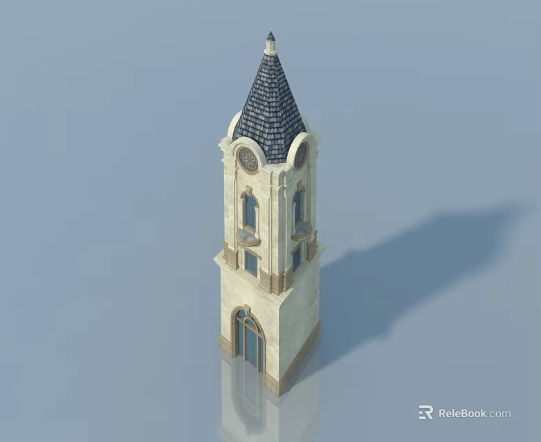 Traditional Tower Building With Swing Door Arched Windows And Sloped Tile Roof 3d model 