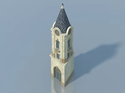 Traditional Tower Building With Swing Door Arched Windows And Sloped Tile Roof 3d model