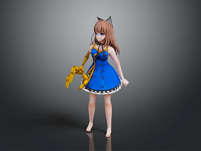 Game And Movie Character With Cat Ears Brown Hair Blue Dress White Hem Yellow Device 3d model