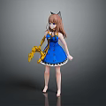 Game And Movie Character With Cat Ears Brown Hair Blue Dress White Hem Yellow Device