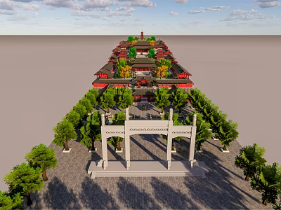 Classic Ancient Architecture Complex Featuring Red Roofs Central Archway And Green Trees 3d model