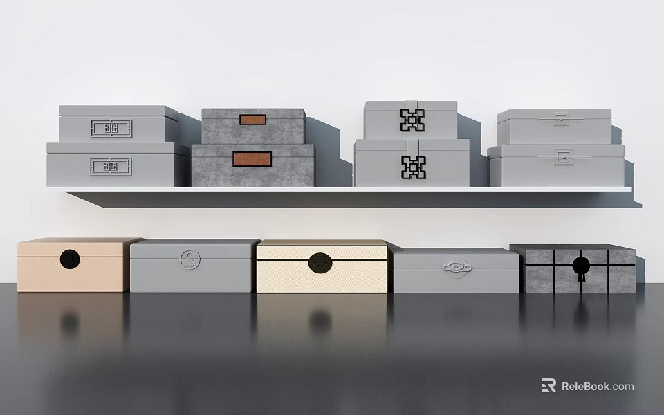 Various Colored Storage Boxes With Different Designs Stacked On Shelves For Home Organization 3d model 