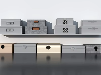 Various Colored Storage Boxes With Different Designs Stacked On Shelves For Home Organization 3d model