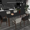 Modern Dining Table Set With Six Chairs Fruit Bowl Vase And Kitchen Cabinets 3d model