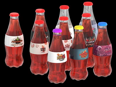Multiple Red Drink Bottles With Various Labels And Different Colored Caps 3d model