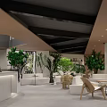 Modern Cafe Interior With Glass Doors Lush Plants And Cozy Seating