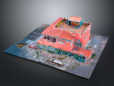 Pink Small Building Model Featuring Red Roof Balcony Colorful Graffiti Parking Lines And Bench 3d model