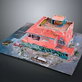 Pink Small Building Model Featuring Red Roof Balcony Colorful Graffiti Parking Lines And Bench