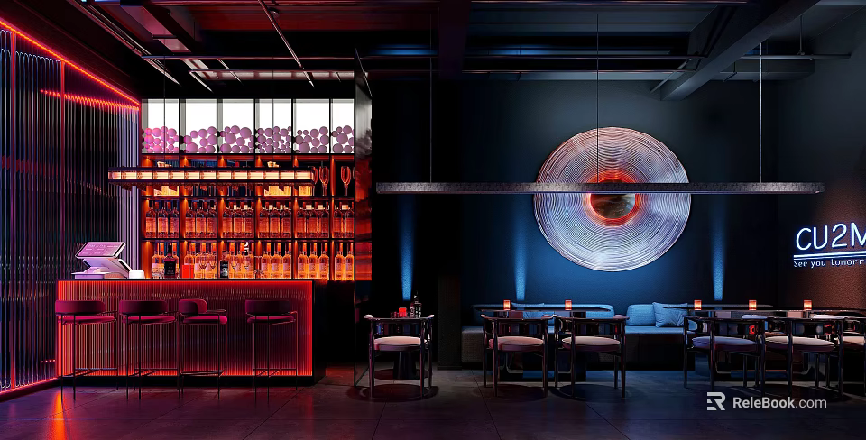 Bar Interior Design With Stocked Bar Counter Dark Walls Circular Decorative Light And Cozy Seating 3d model 