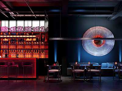 Bar Interior Design With Stocked Bar Counter Dark Walls Circular Decorative Light And Cozy Seating 3d model